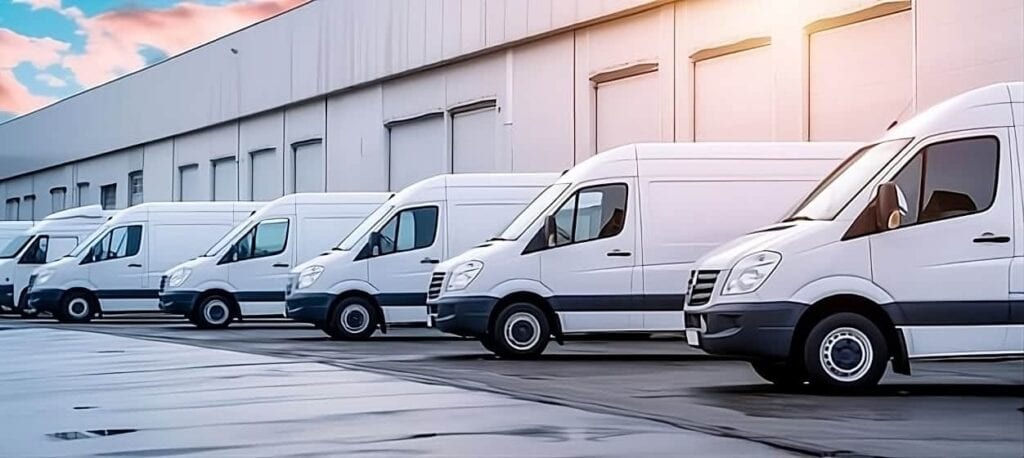 A row of clean, white commercial cargo vans parked in front of a large industrial warehouse during sunset, highlighting fleet maintenance and detailing services.