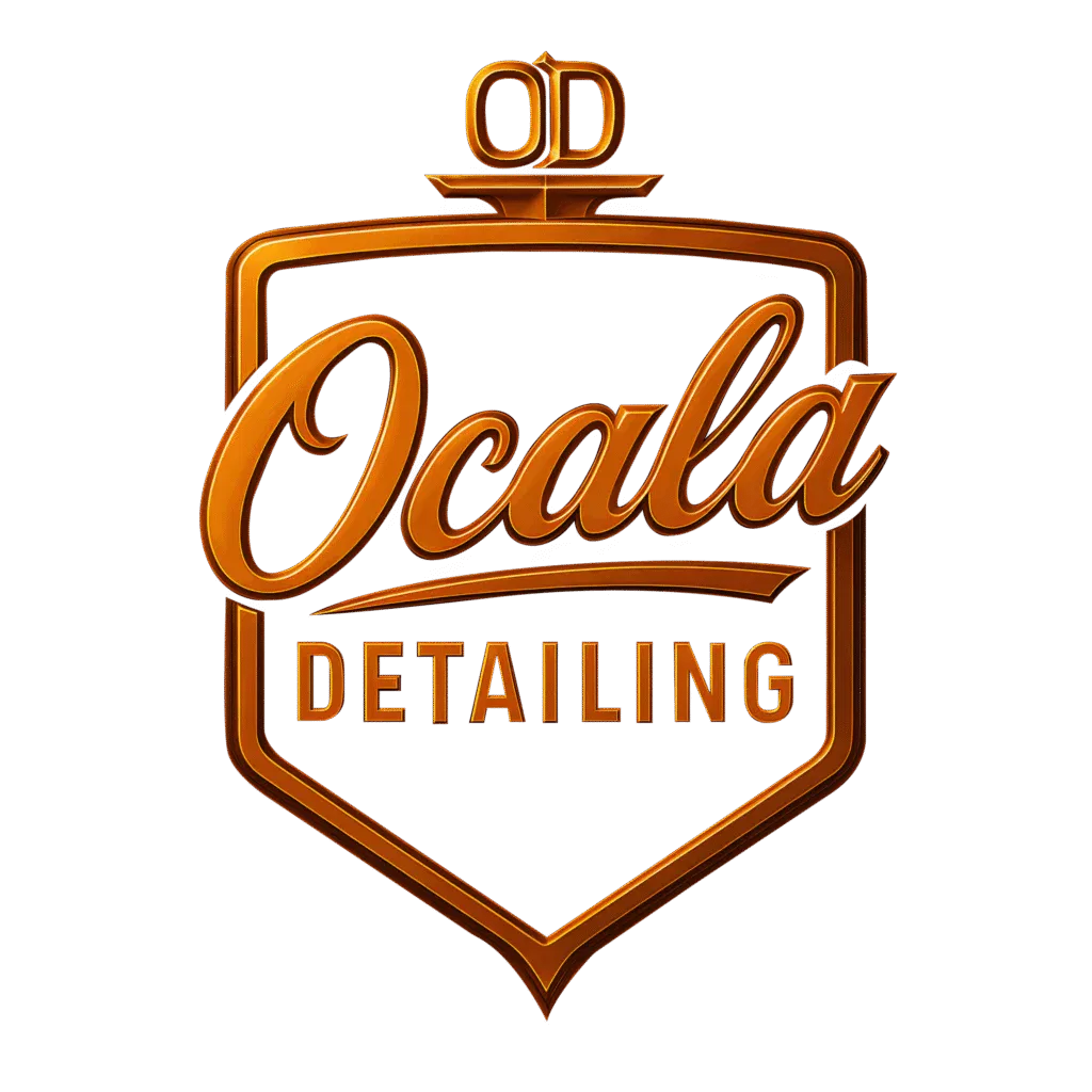 Luxury metallic copper and bronze logo for Ocala Detailing featuring an elegant shield emblem with high-end automotive styling on a black background.