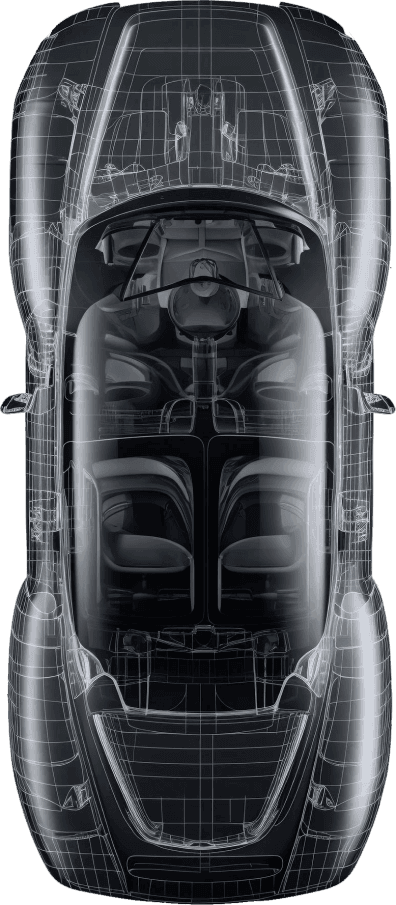 A high-detail grayscale 3D wireframe and transparency overlay of a sports car from a top-down bird's-eye perspective, showing interior seating and engine layout.