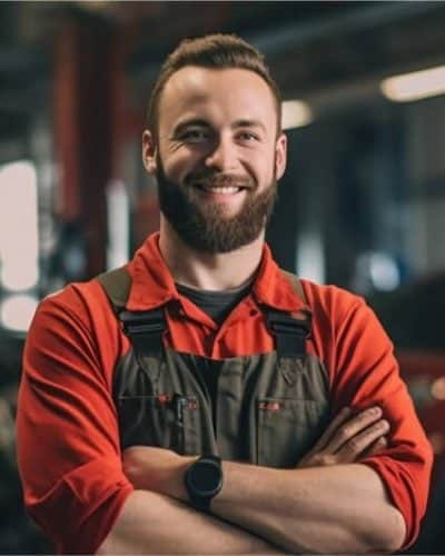 A portrait of a friendly, bearded male mechanic with crossed arms wearing a red shirt and grey work overalls in a professional automotive shop.