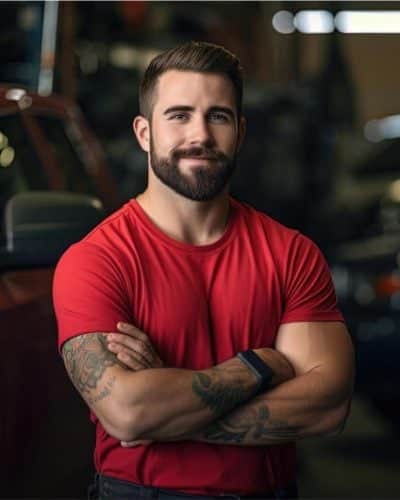A confident male automotive specialist in a red t-shirt with tattooed arms, standing with arms crossed in a garage setting.