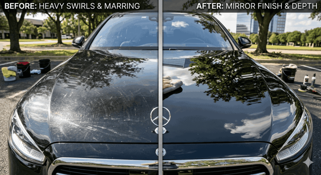 A vertical split image of a black Mercedes-Benz hood. The left side is marked 'BEFORE: HEAVY SWIRLS & MARRING', showing a dull surface covered in paint defects. The right side is marked 'AFTER: MIRROR FINISH & DEPTH', showcasing a restored, high-gloss surface with sharp reflections and deep paint depth.