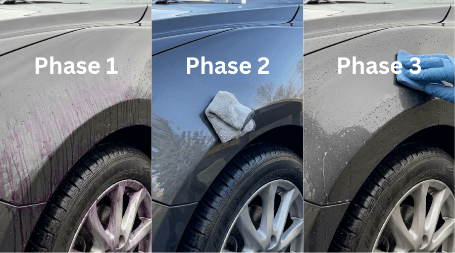 A three-panel collage showing Phase 1 iron remover, Phase 2 microfiber drying, and Phase 3 clay bar treatment for a grey vehicle at our professional auto detailing shop in Ocala, Florida.