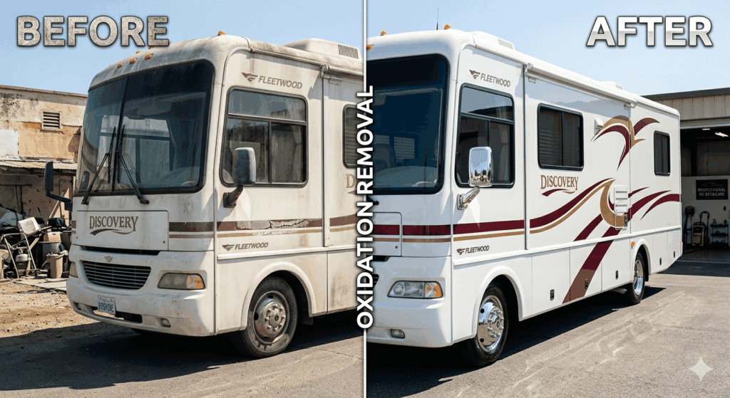 Side-by-side comparison of a Fleetwood Discovery RV before and after professional oxidation removal, showing a transition from a dull, weathered exterior to a bright, glossy white finish.