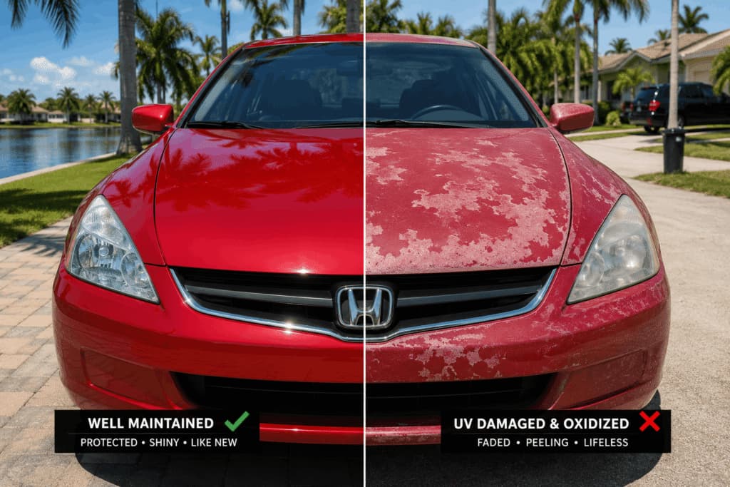 Professional automotive paint restoration for UV damaged and oxidized car finishes; high-quality vehicle detailing service in Florida.