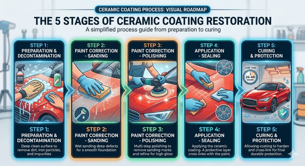 An infographic detailing the 5 stages of ceramic coating restoration, including paint correction and sealing for professional auto detailing in Florida.