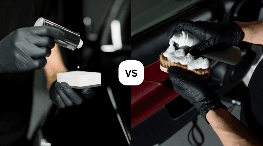 Side-by-side comparison of a professional detailer applying ceramic coating to an exterior applicator and leather cleaner foam to a brush for an interior service in Florida.