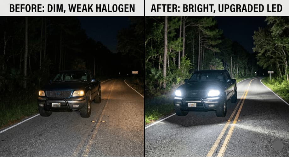 Side-by-side comparison of dim halogen versus bright upgraded LED headlights service in Florida.