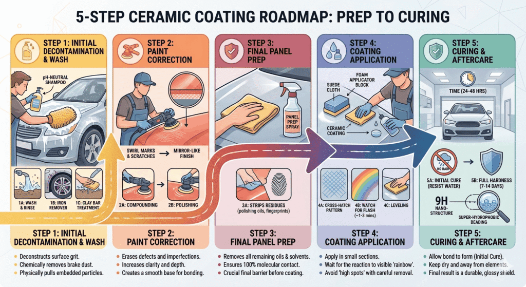 Infographic explaining the 5-step ceramic coating and paint correction process for automotive protection services in Florida.