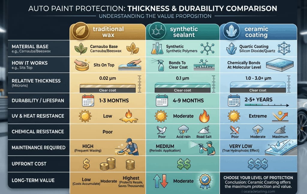 Infographic comparing auto paint protection, including thickness and durability for ceramic coating vs wax in Ocala, FL.