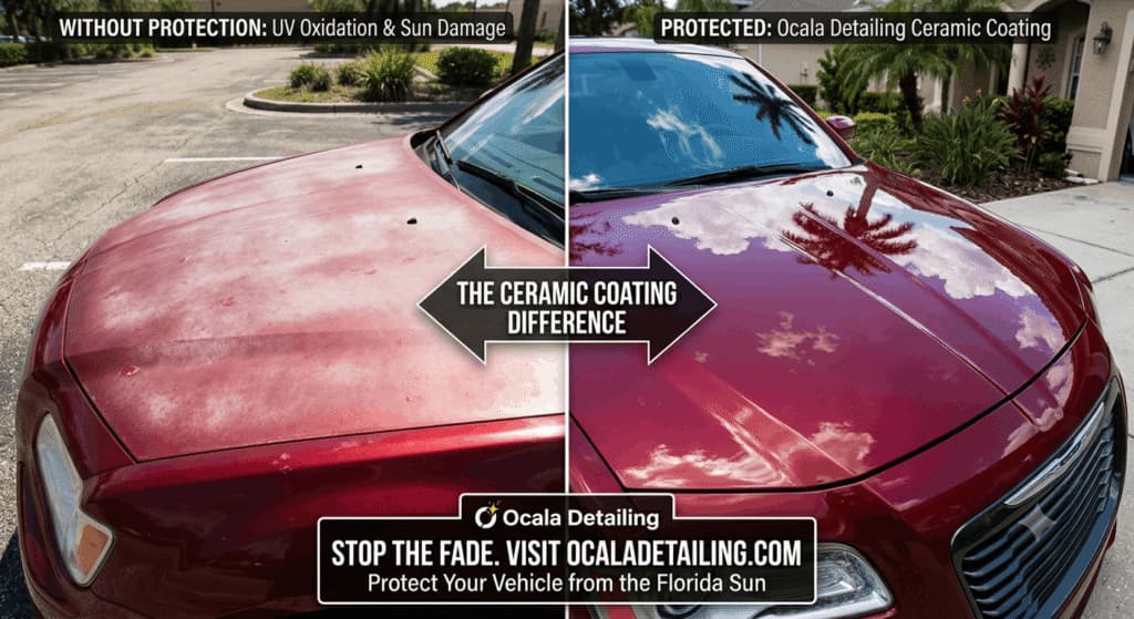 Before and after comparison of car paint protection showing UV damage prevention with ceramic coating by Ocala Detailing in Ocala, FL.