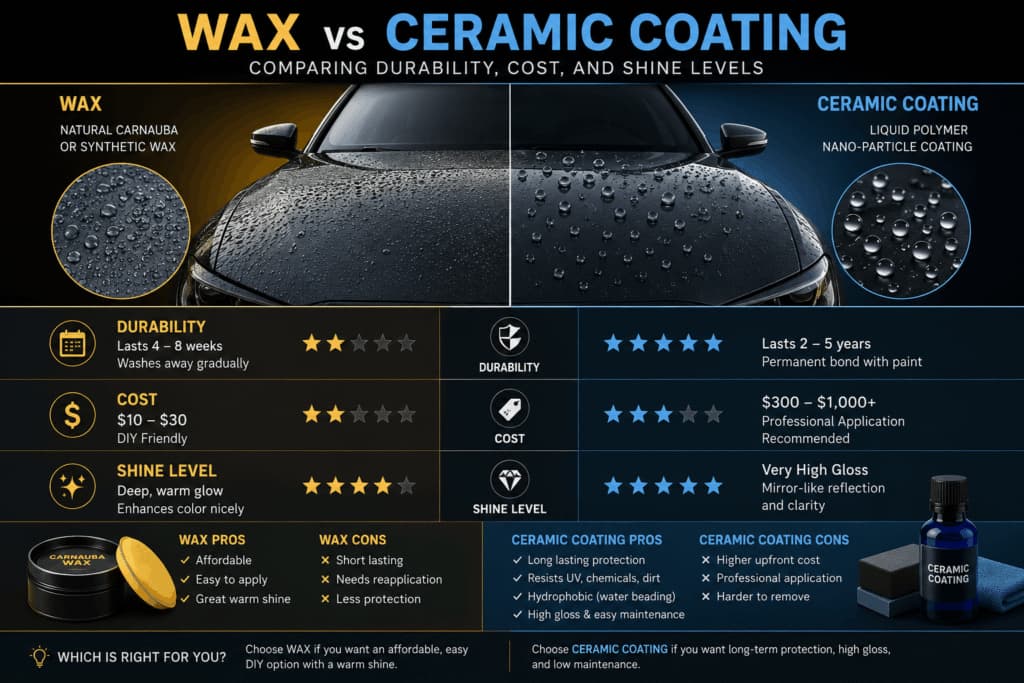 Infographic comparing ceramic coating vs. wax for car paint protection provided by Ocala Detailing, your mobile auto detailing experts in Ocala, FL.