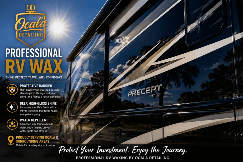 A side profile of a shiny motorhome after professional RV waxing service in Ocala, FL by Ocala Detailing.