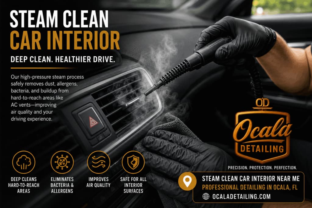 Professional technician providing a steam clean car interior service to sanitize air vents in Ocala, FL.